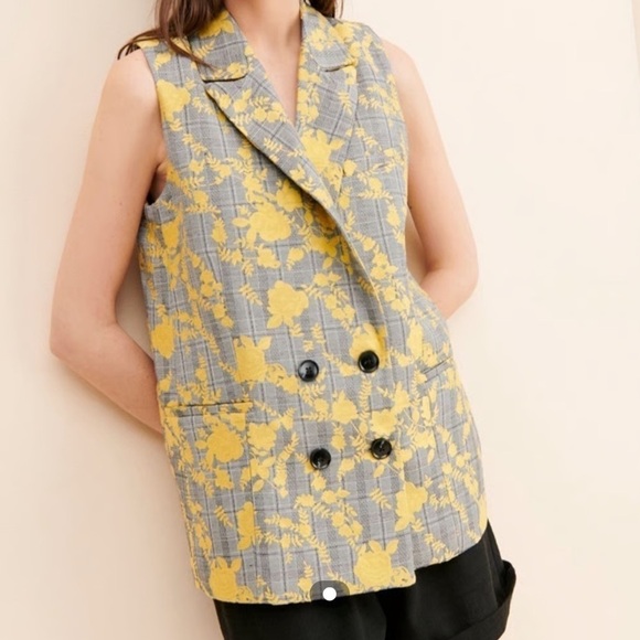 Hutch Longline Vest Grey Plaid Yellow Floral Small Double Breasted - Picture 2 of 15